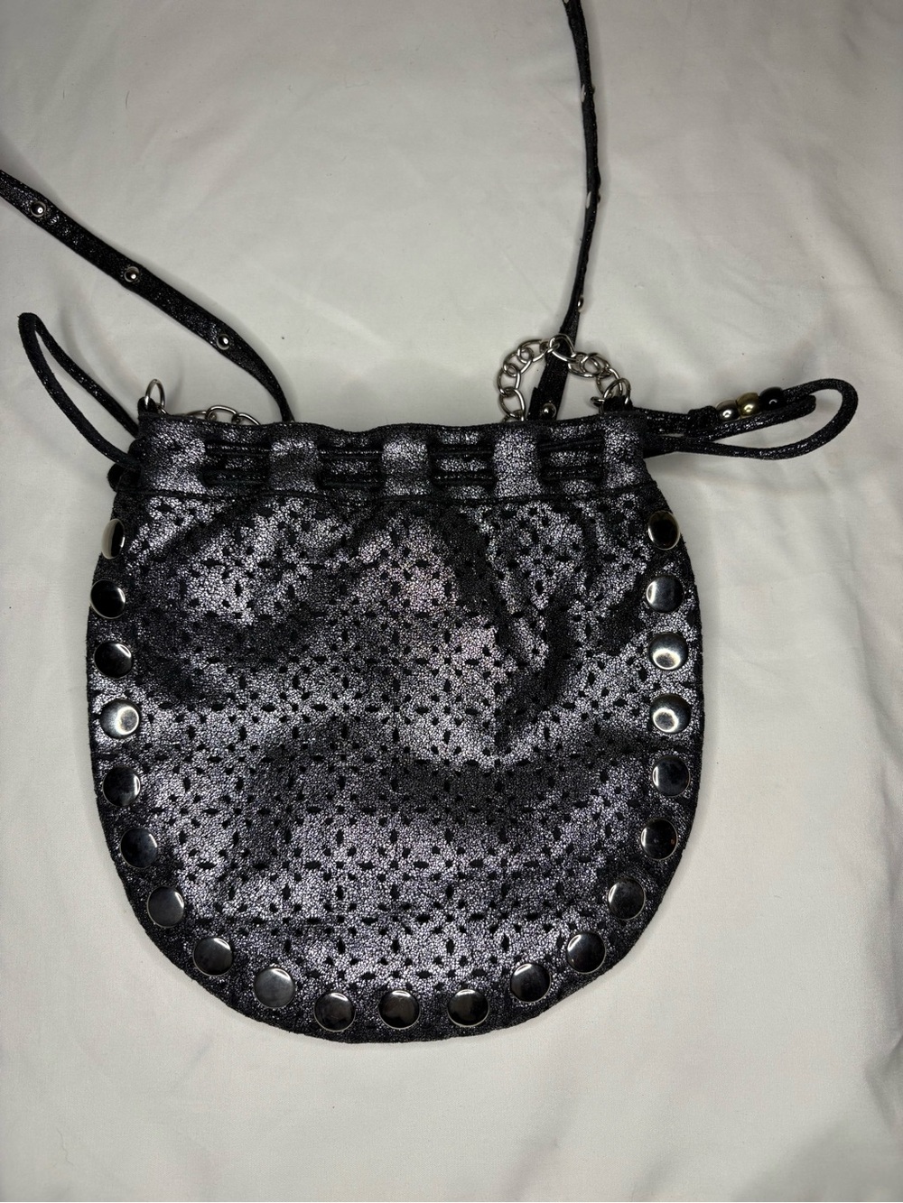 Candies Black and Silver Women's Drawstring Crossbody Bag Long Spaghetti Strap